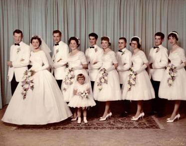 MB-48 - Doug Johnston and Iona Marlene Quanz Wedding - Jul 16, 1960 - Wally J, Marguerite, Susan, Ross, Lois J, Don, Marie Karges Forrieter, Doug, Mary Grace, Youngblut.jpg